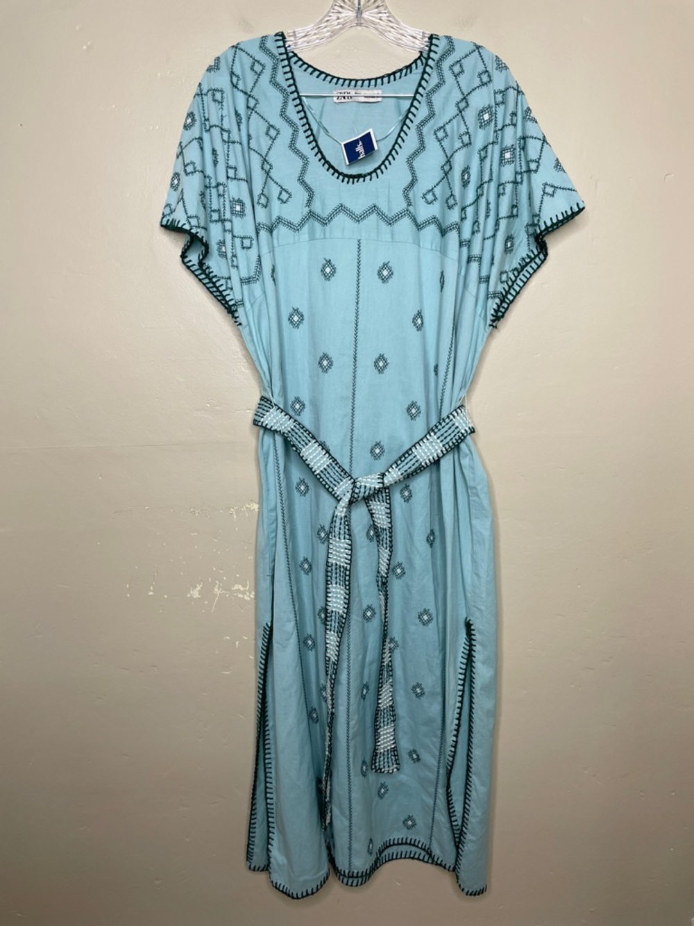 ZARA Blue Green Bloggers Fav Embroidered Linen Caftan Tunic Belted Dress NWT Lg - Picture 16 of 16